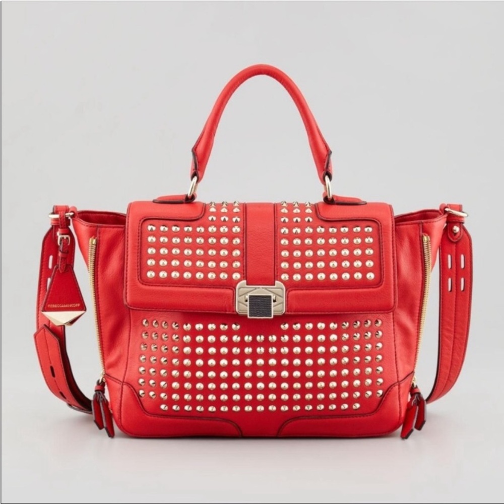 Rebecca Minkoff Red Italian Leather Studded Satchel Crossbody Bag Like New